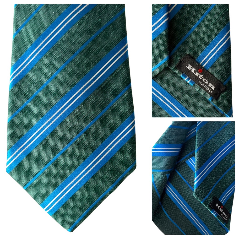 Kiton Napoli Green and Blue Diagnoal Repetition Stripe Silk Tie